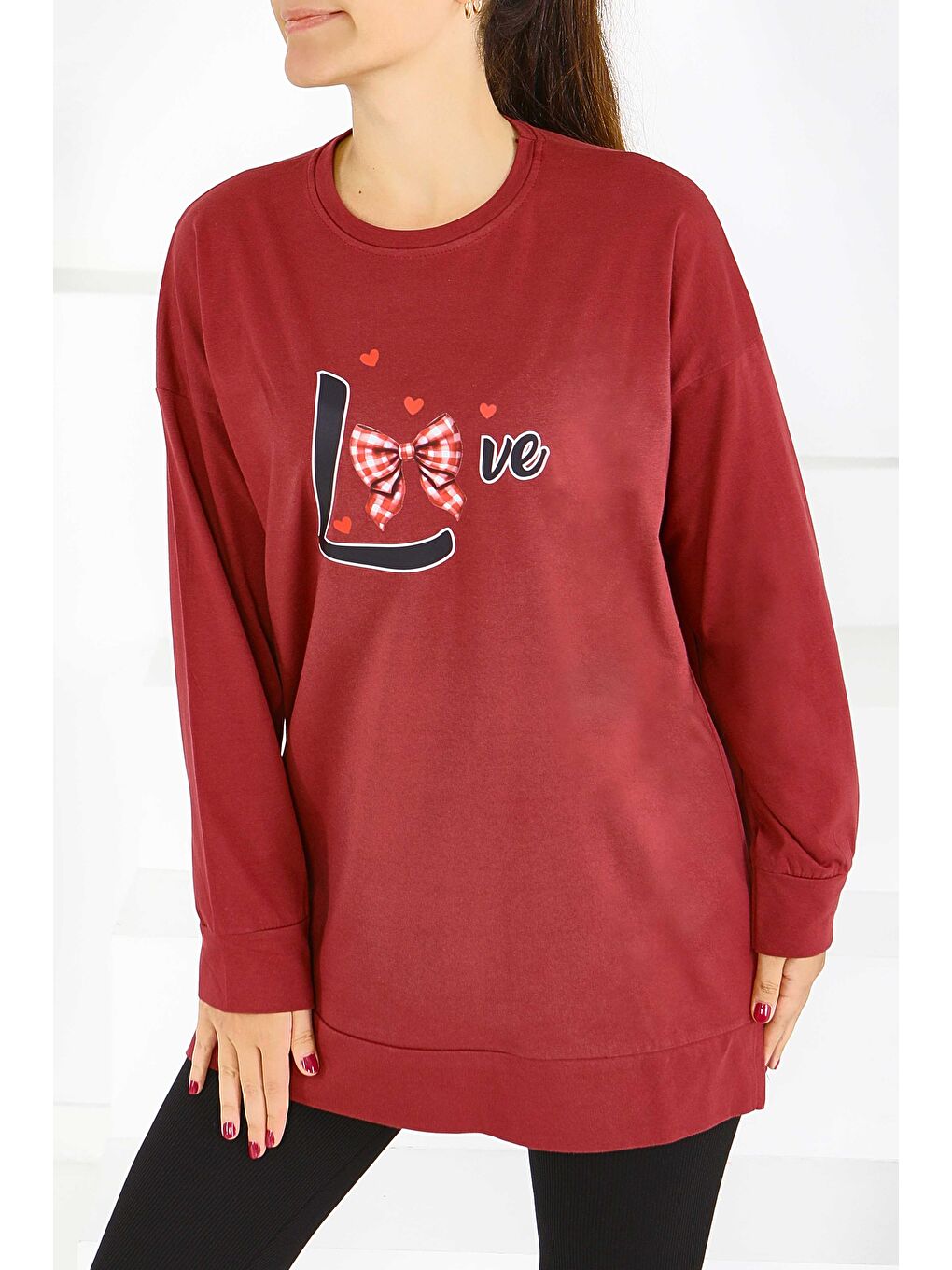Uzun Kollu Baskılı Süprem Tunik Bordo - 27581
