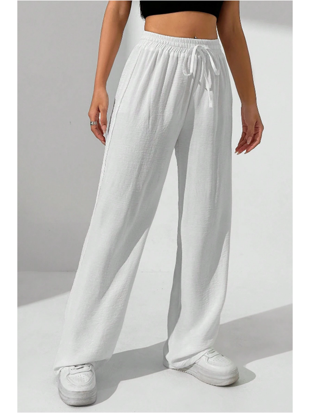 Beyaz Bol Paça Müslin Kadın Pantolon-3