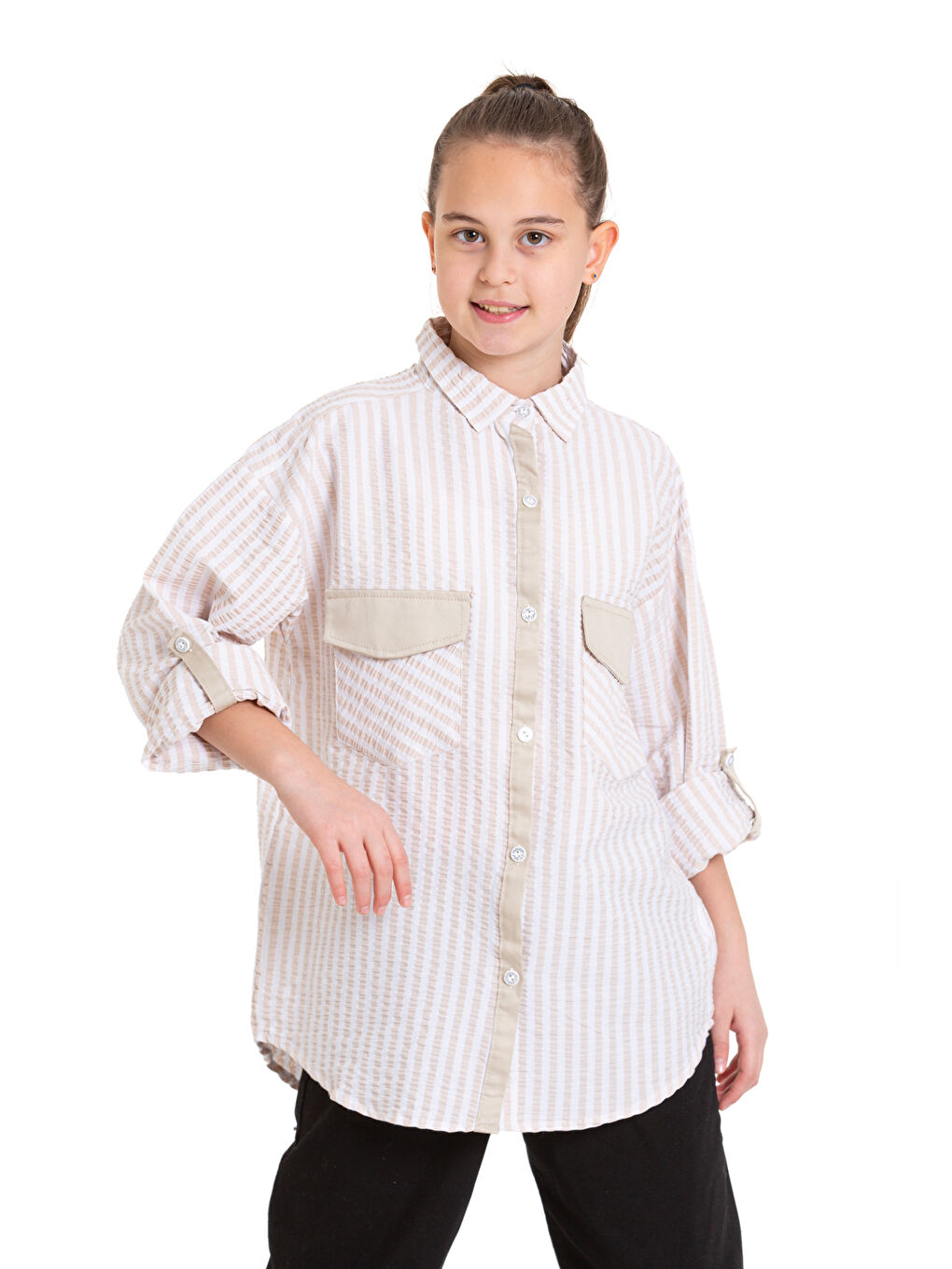Ekru Kız Çocuk Flamlı Pamuk Gömlek P092-2