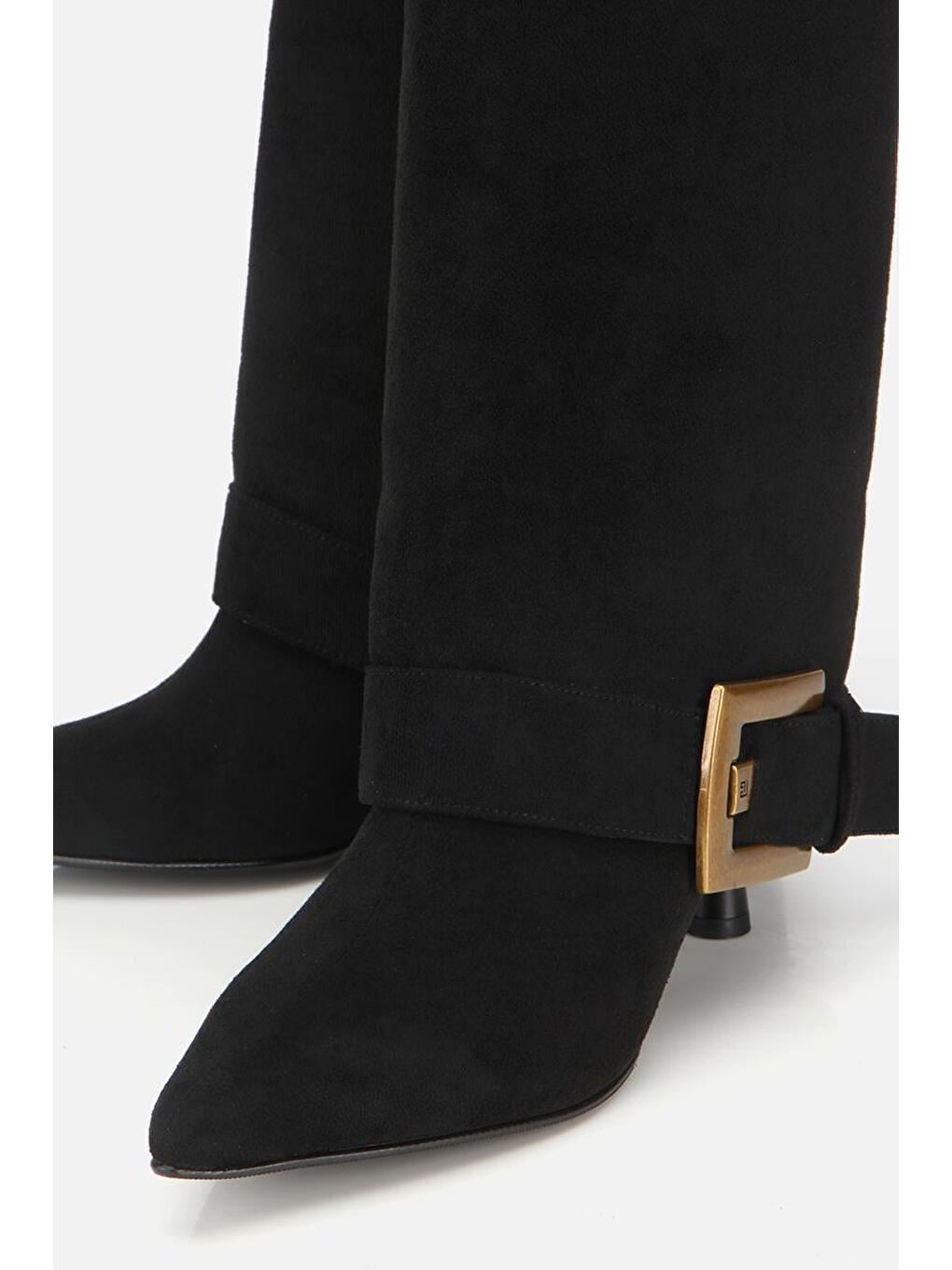 Kadın Süet Siyah Pantolon Görünümlü Tokalı Topuklu Çizme-3