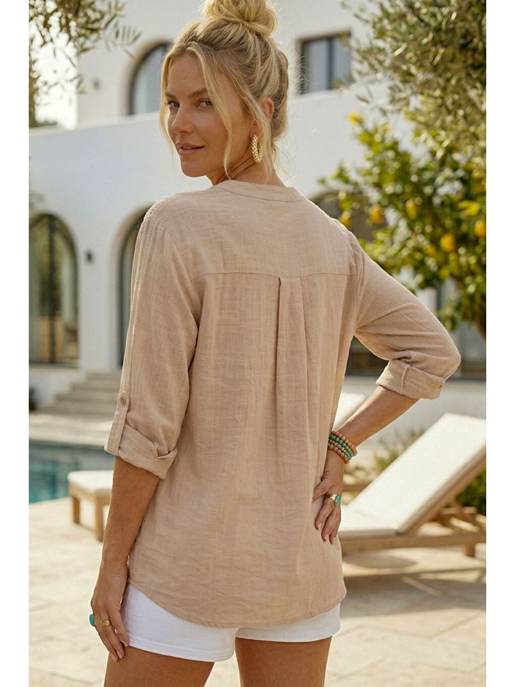 Bej Hakim Yaka Düğmeli Uzun Kollu Düğmeli Casual Müslin Dokuma Gömlek 75 63-4