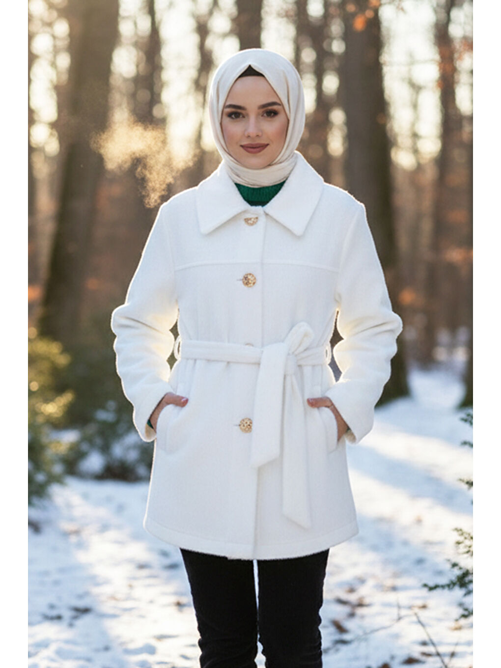 Düğme ve Kuşak Detay Ceket 36199 Ekru