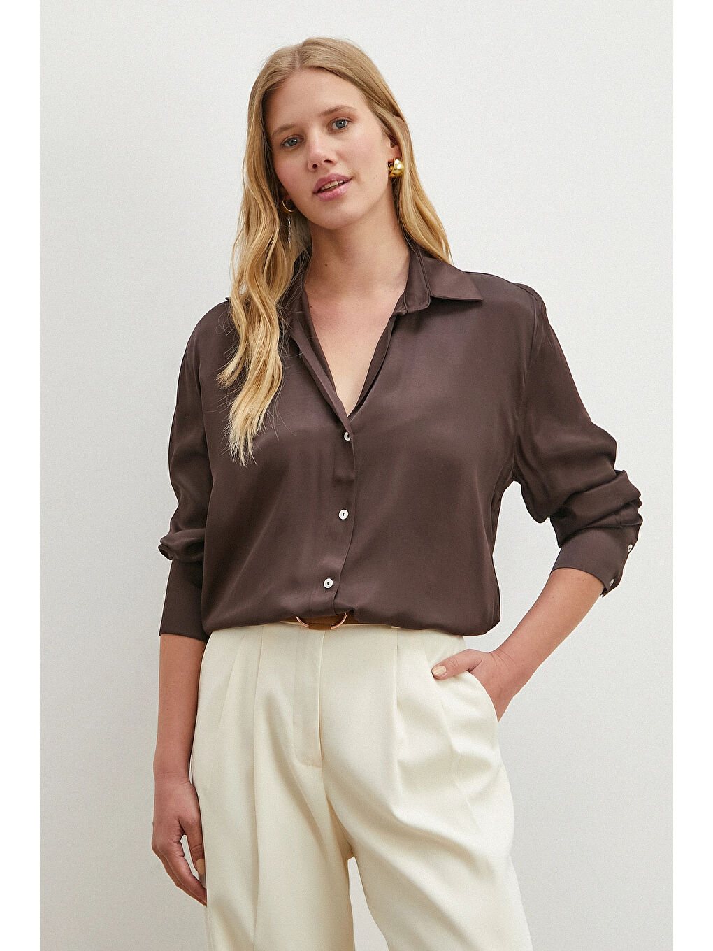 Karışık Viskon Saten Gömlek Kahve-4