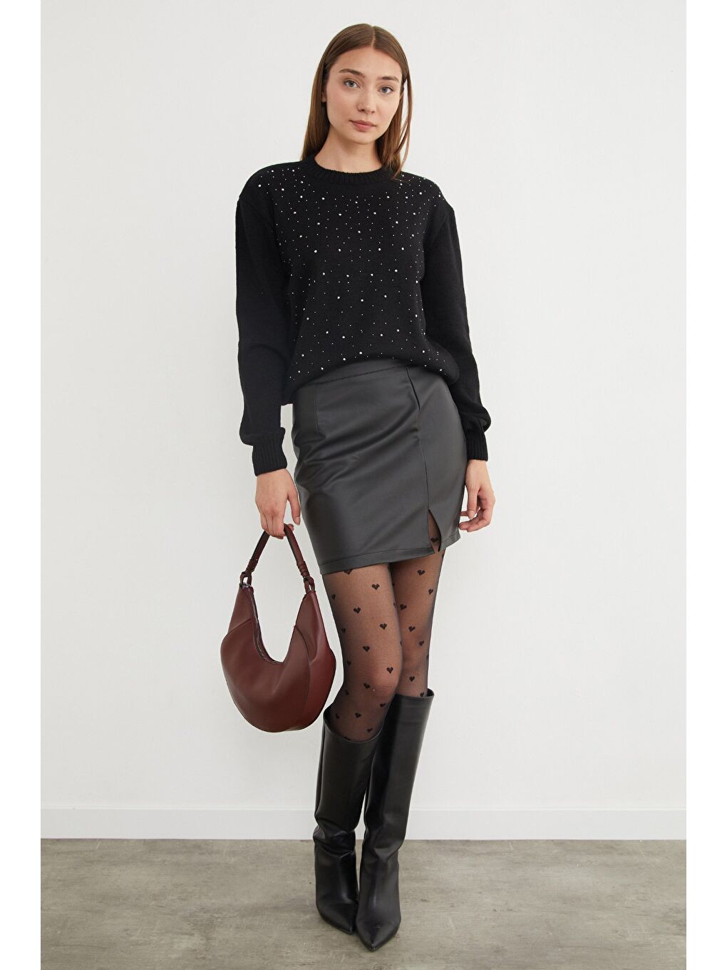 Siyah Taşlı Bisiklet Yaka Triko Kazak-4