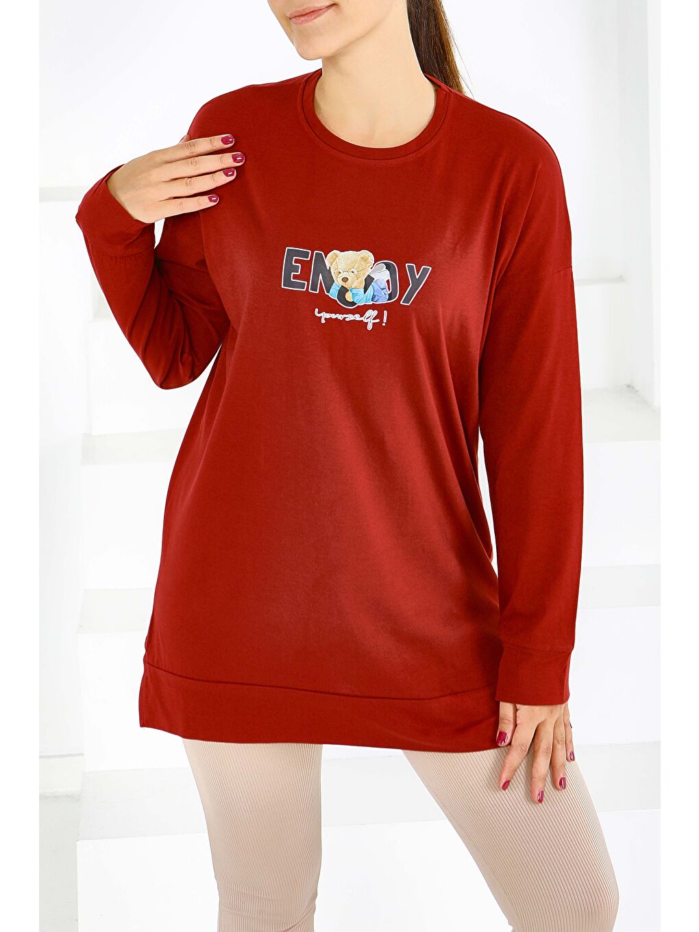 Uzun Kollu Baskılı Süprem Tunik Bordo - 27589-1