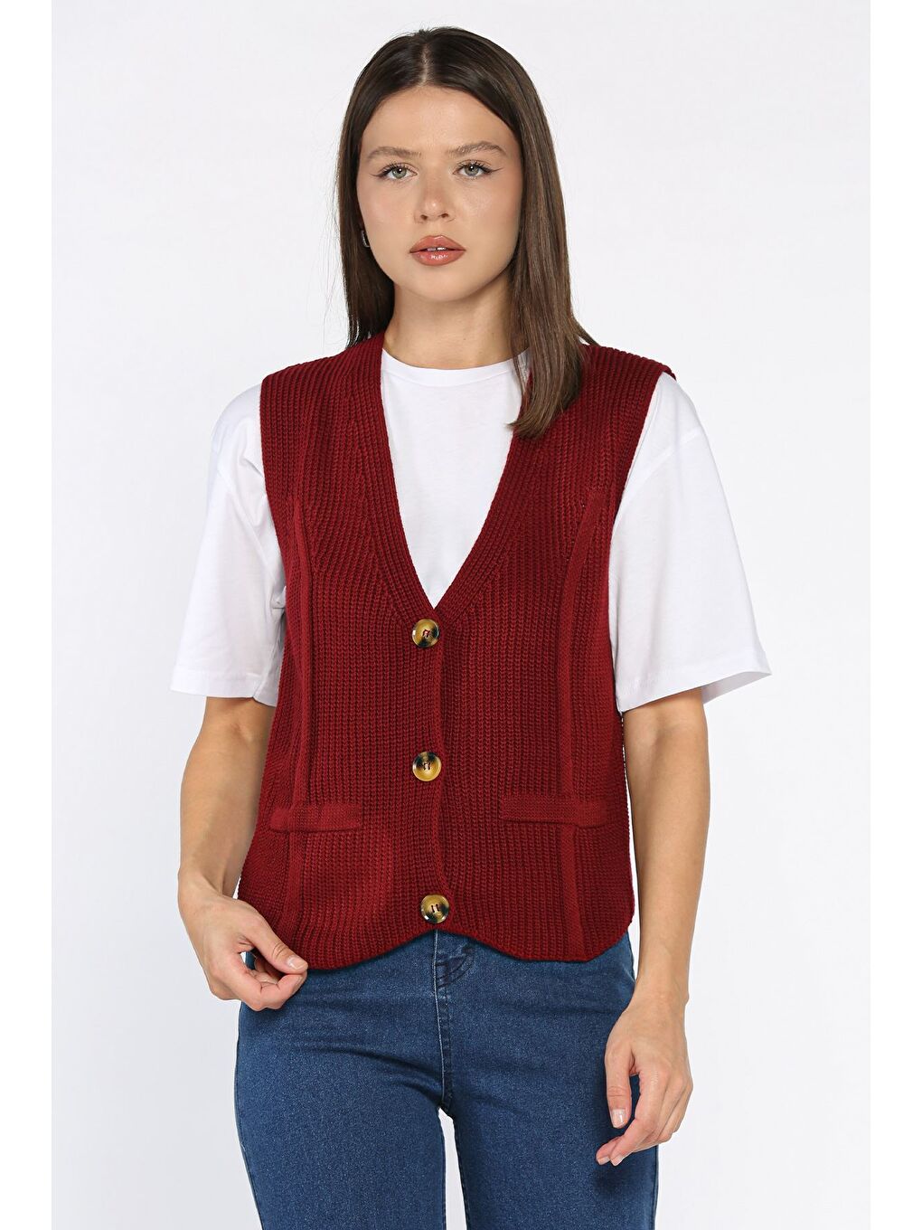 Bordo Kadın Düğmeli Triko Yelek (s-m-l-xl Uyumludur)