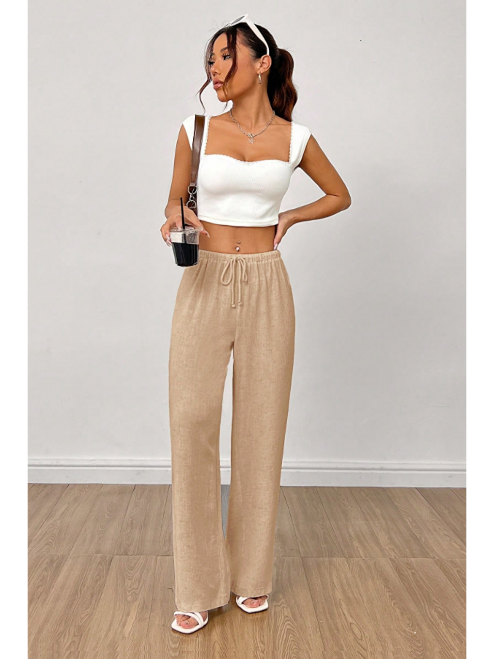 Bej Bol Paça Müslin Kadın Pantolon-1