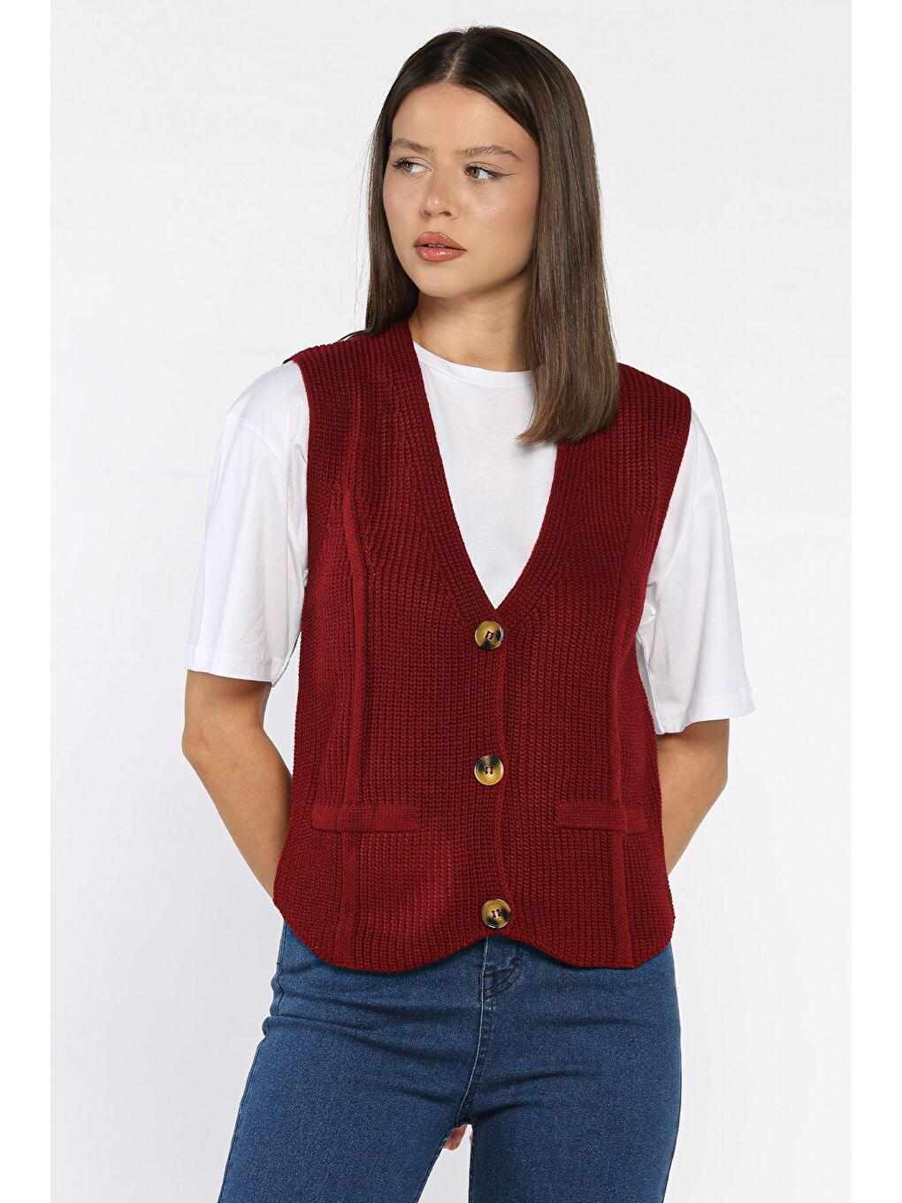 Bordo Kadın Düğmeli Triko Yelek (s-m-l-xl Uyumludur)-1