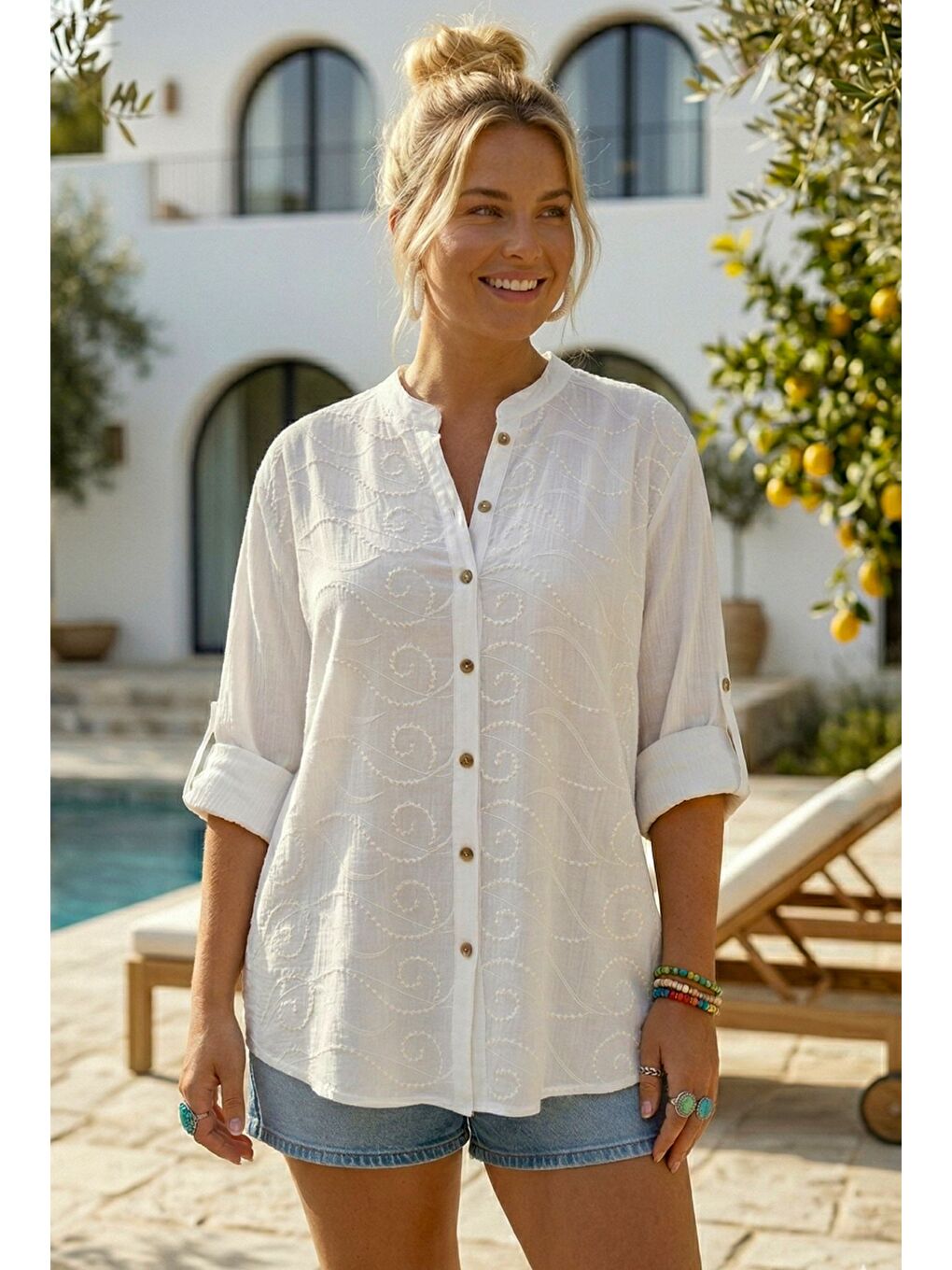 Beyaz Hakim Yaka Düğmeli Uzun Kollu Düğmeli Casual Müslin Dokuma Gömlek 75 63-1