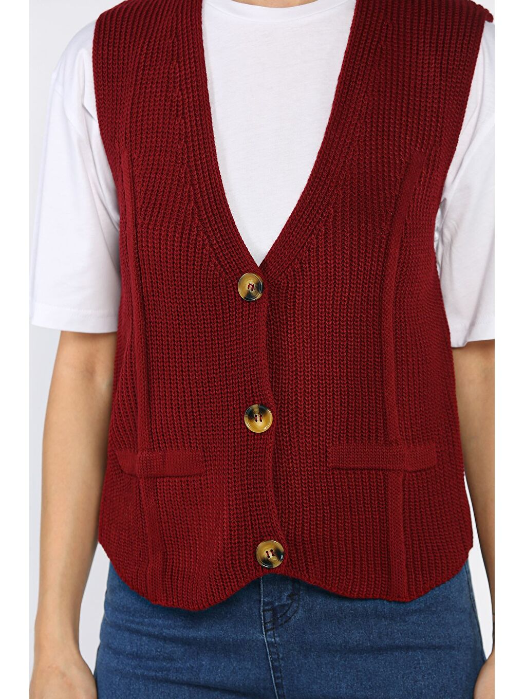 Bordo Kadın Düğmeli Triko Yelek (s-m-l-xl Uyumludur)-3