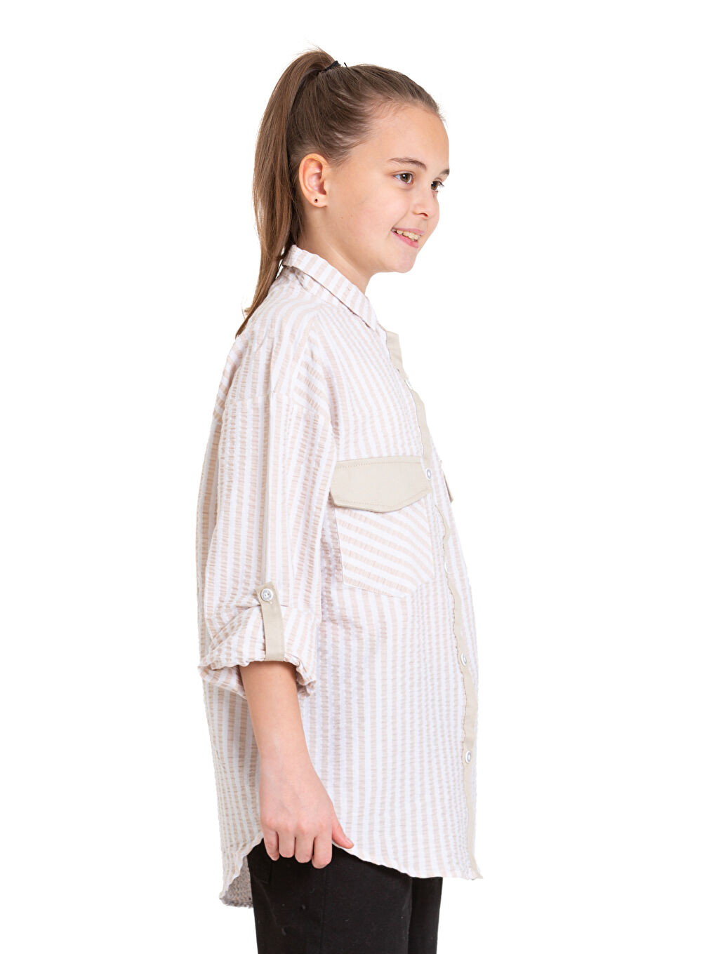 Ekru Kız Çocuk Flamlı Pamuk Gömlek P092-3