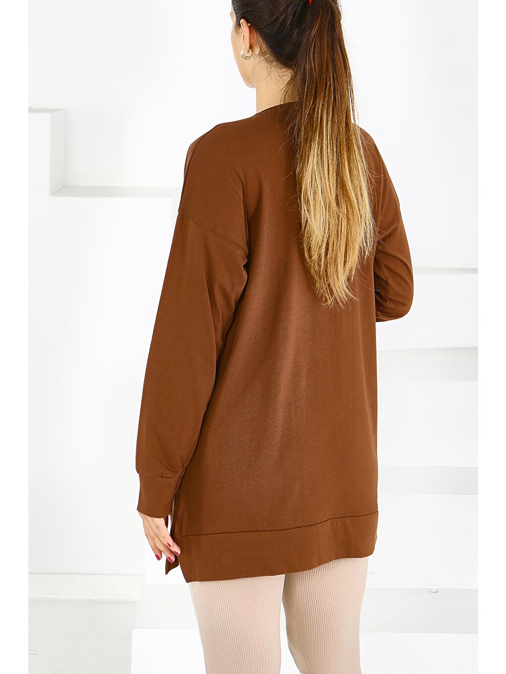 Kahverengi Uzun Kollu Baskılı Süprem Tunik Kahve - 27588-3
