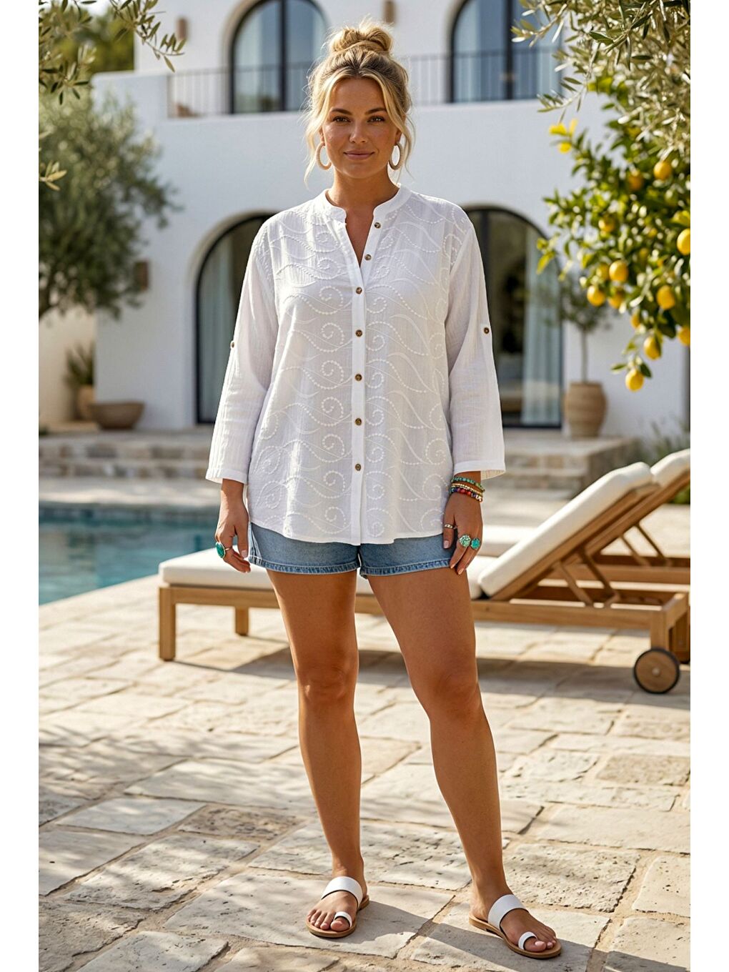 Beyaz Hakim Yaka Düğmeli Uzun Kollu Düğmeli Casual Müslin Dokuma Gömlek 75 63-2