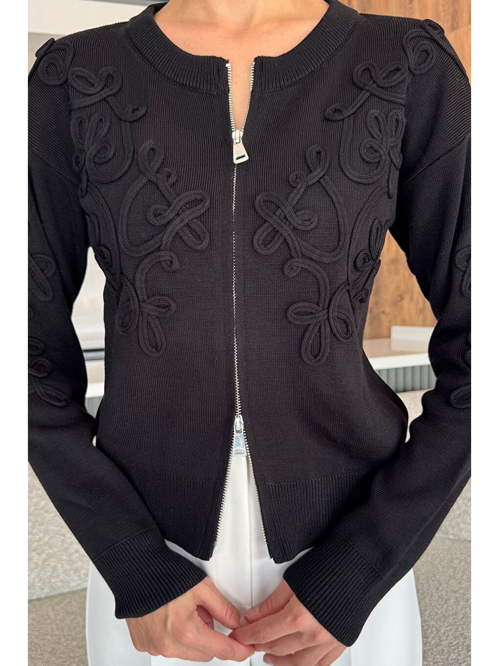 Siyah Kadın Fermuarlı Triko Hırka (s-m-l Uyumludur)-2