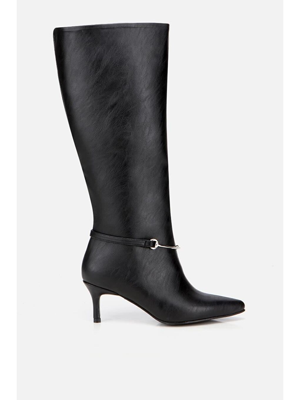Kadın Siyah İnce Kemerli Tokalı Topuklu Çizme