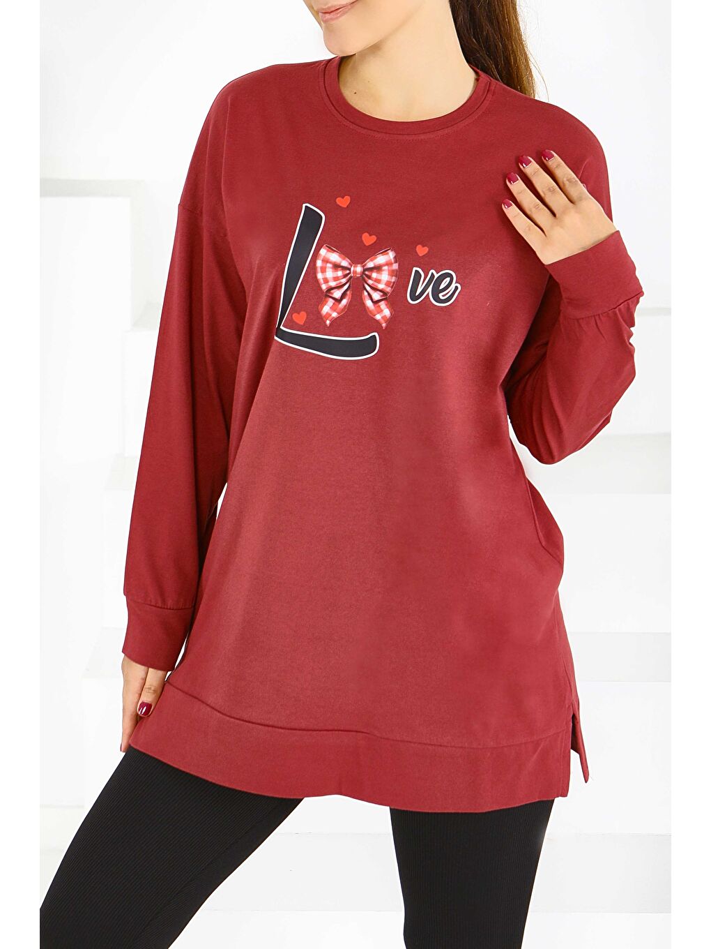 Uzun Kollu Baskılı Süprem Tunik Bordo - 27581-1