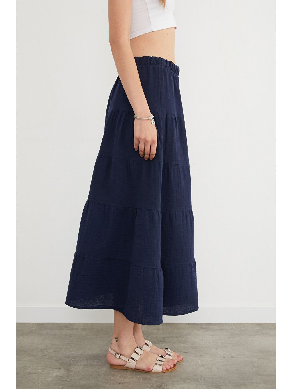 Lacivert Beli Lastikli Keten Görünümlü Etek-3