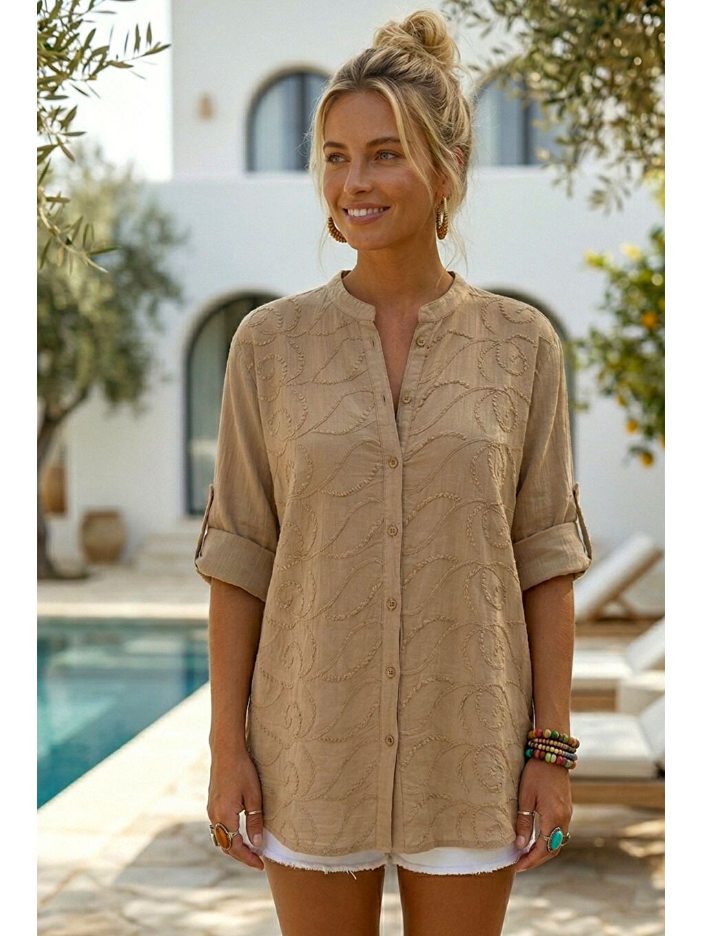 Koyu Bej Hakim Yaka Düğmeli Uzun Kollu Düğmeli Casual Müslin Dokuma Gömlek 75 63