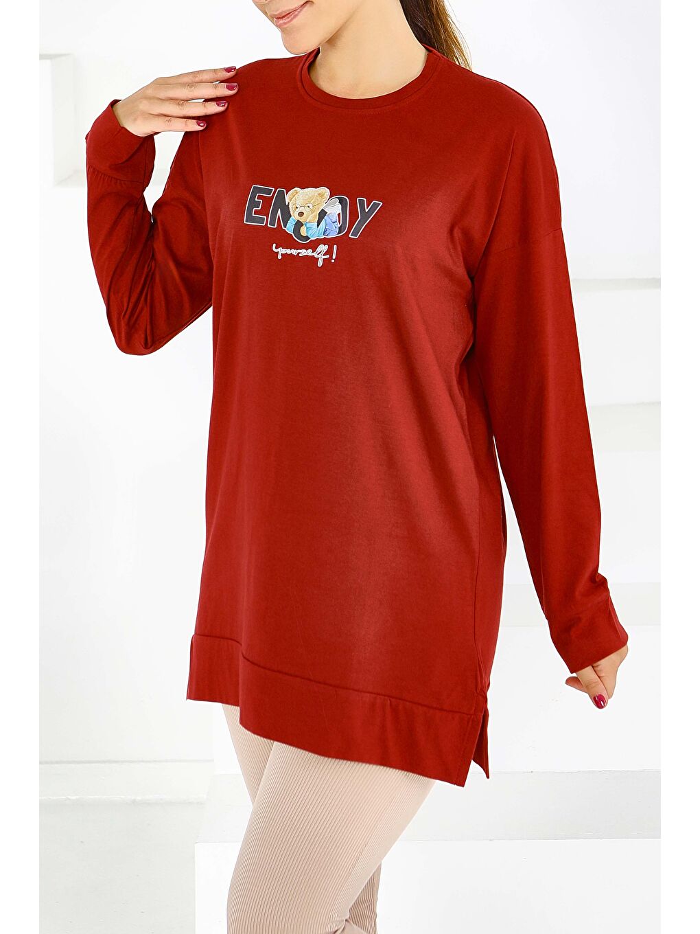 Uzun Kollu Baskılı Süprem Tunik Bordo - 27589-2