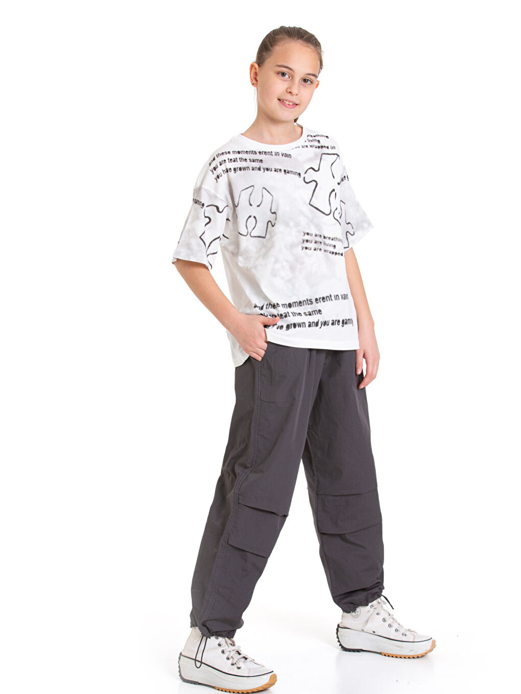 Gri Kız Çocuk 2'li Alt-Üst Takım (Paraşüt Pantolon+T-Shirt) P091-3