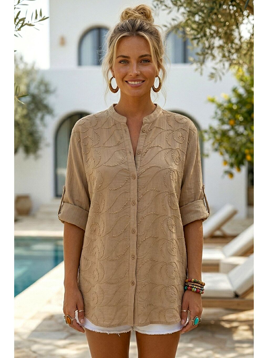 Koyu Bej Hakim Yaka Düğmeli Uzun Kollu Düğmeli Casual Müslin Dokuma Gömlek 75 63-1