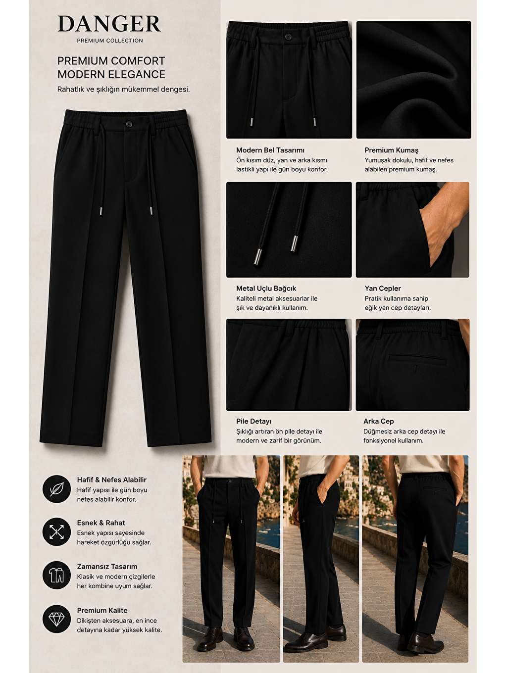 Erkek Comfort Fit Siyah Jogger Pantolon | Esnek Kumaş Günlük Rahat Kesim – 169dngr-7