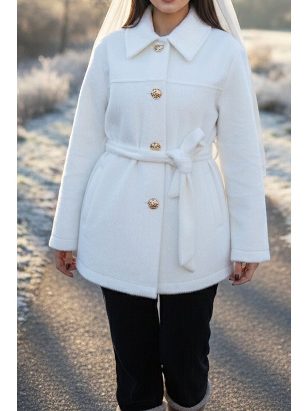 Düğme ve Kuşak Detay Ceket 36199 Ekru-1