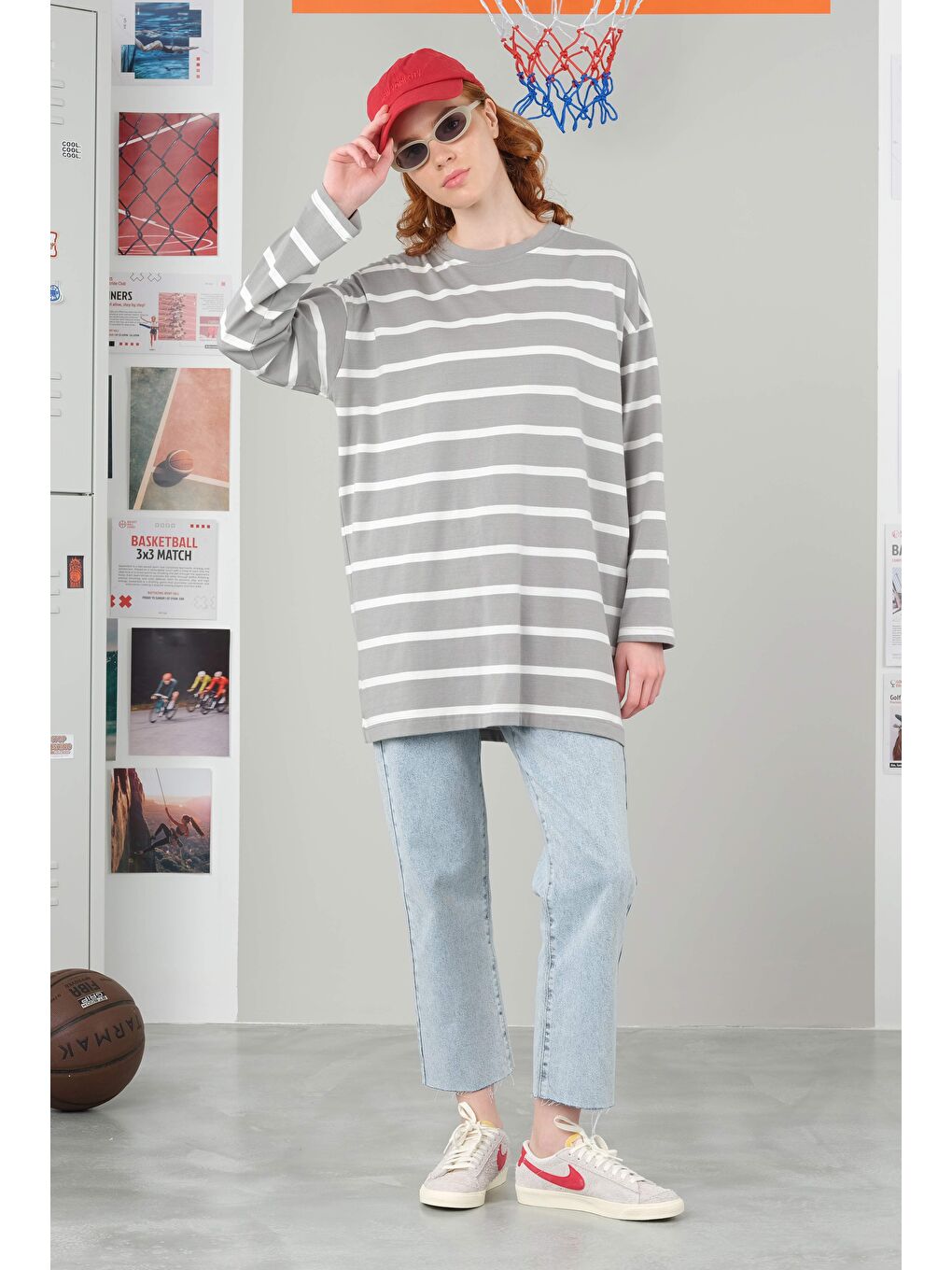 Kalın Çizgili Sweat Açık Gri