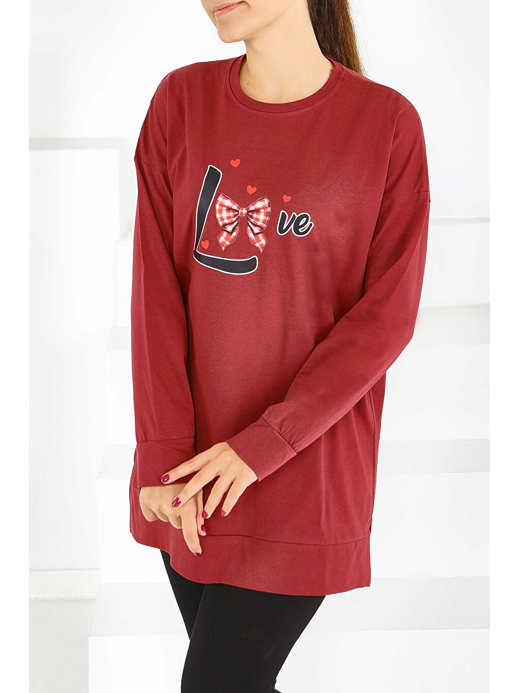 Uzun Kollu Baskılı Süprem Tunik Bordo - 27581-2