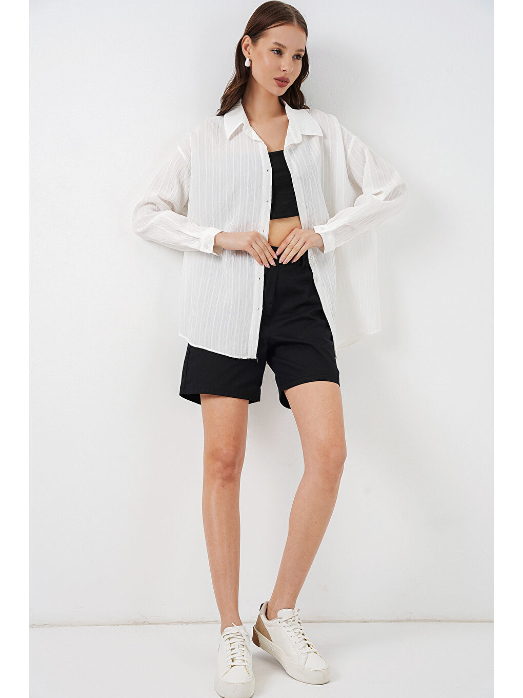 Kadın Çizgili Oversize Gömlek 20293 - Beyaz-1