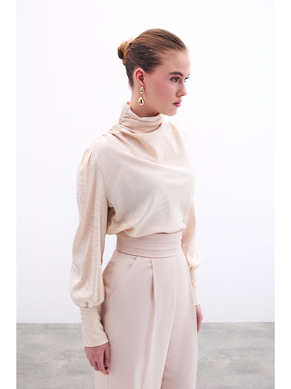 Drapeli Desenli Bluz - Bej-2