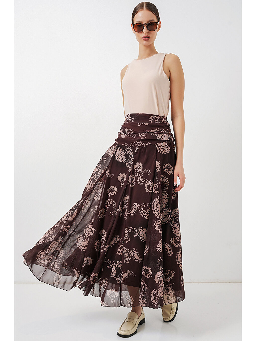 Kadın Desenli Şifon Etek 8057 - Kahverengi