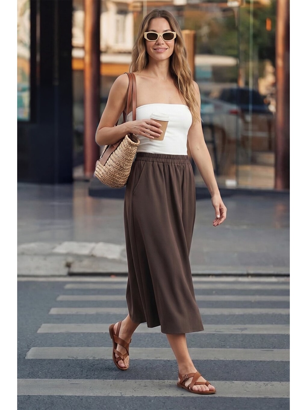 Kahverengi Beli Lastikli Cepli Maxi Boy Etek