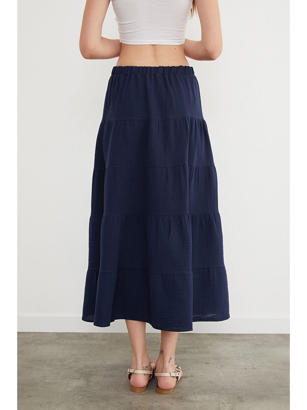 Lacivert Beli Lastikli Keten Görünümlü Etek-4
