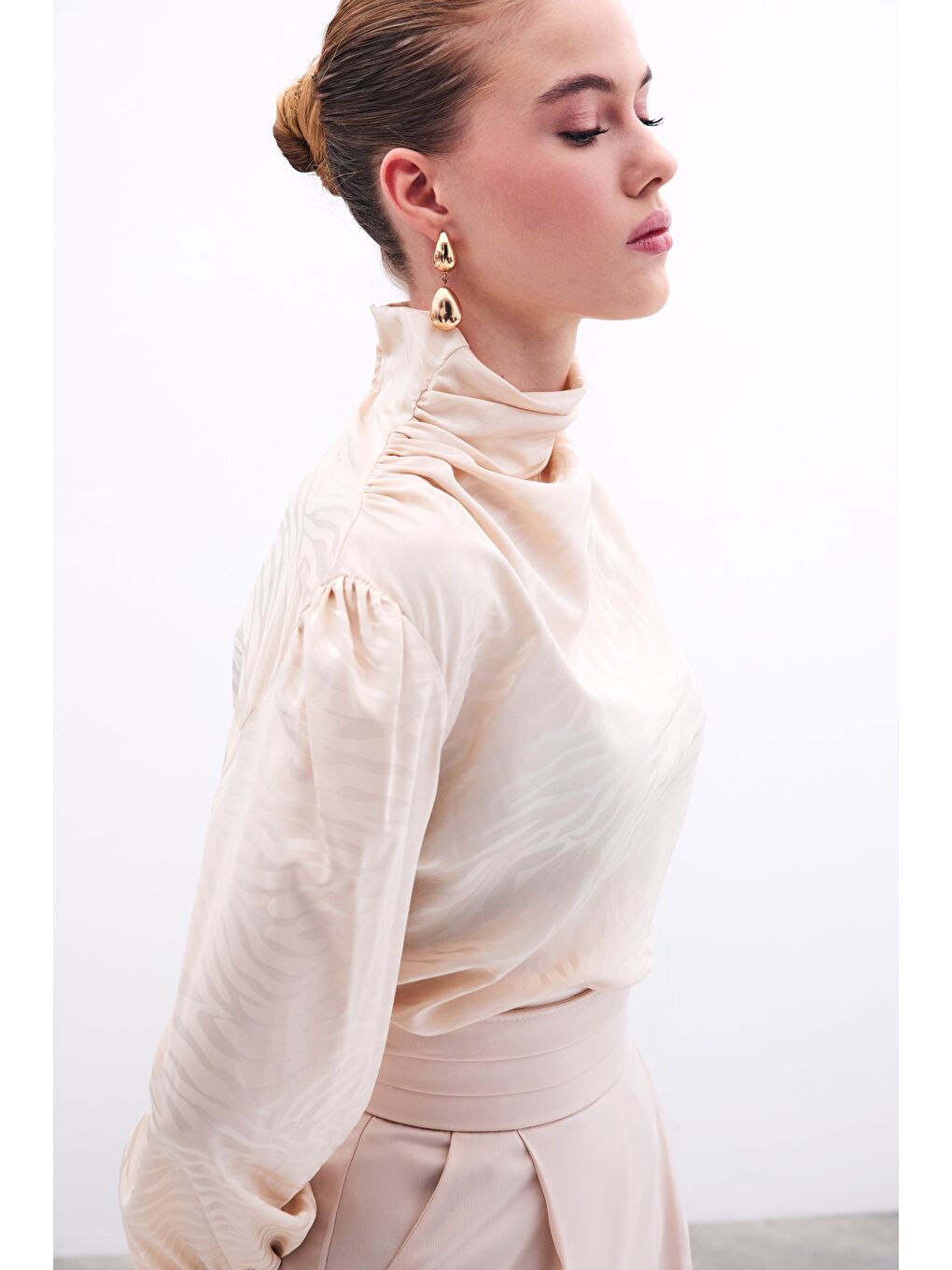 Drapeli Desenli Bluz - Bej-3