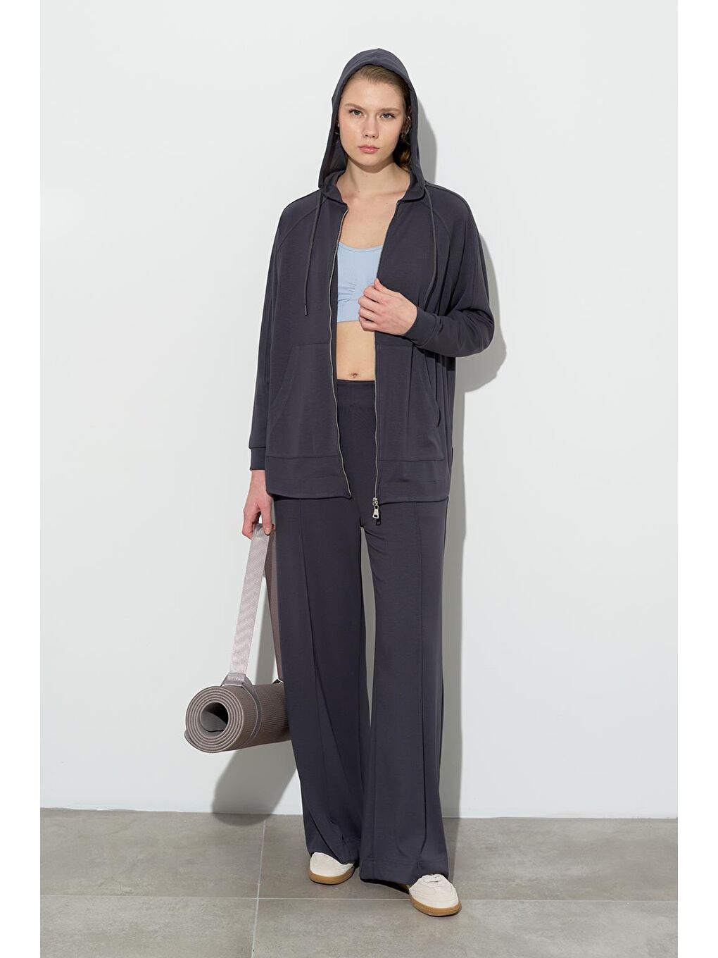 Gri Modal Örme Kapüşonlu Oversize Hırka Füme