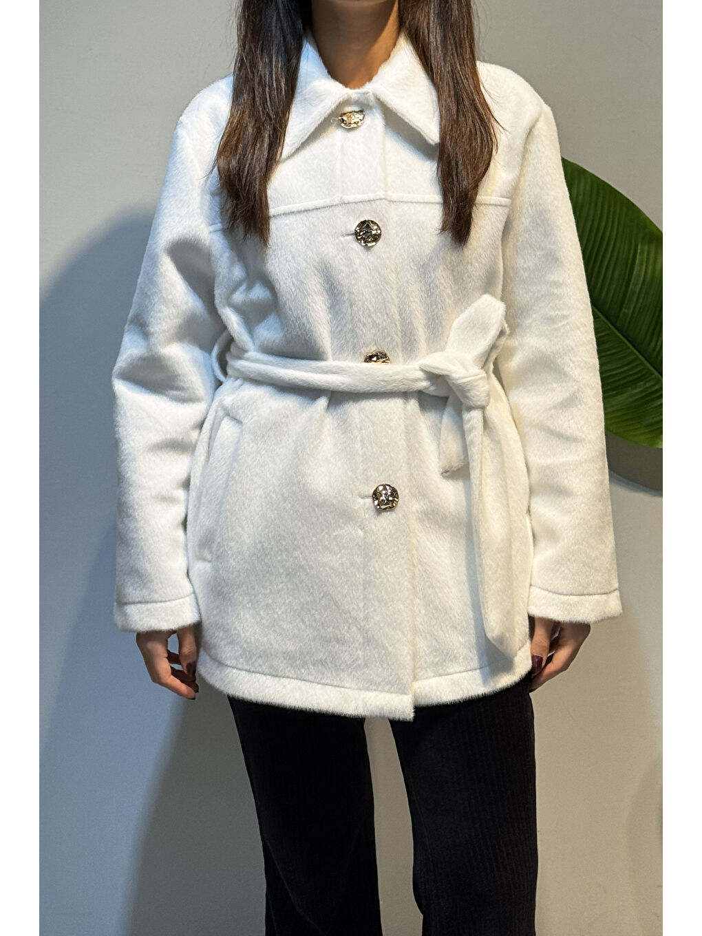 Düğme ve Kuşak Detay Ceket 36199 Ekru-2