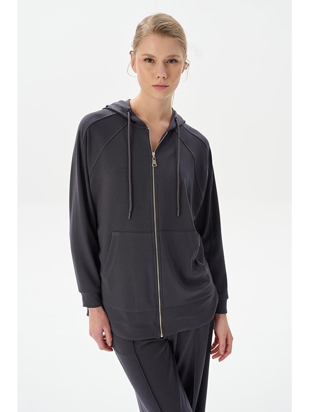 Gri Modal Örme Kapüşonlu Oversize Hırka Füme-1