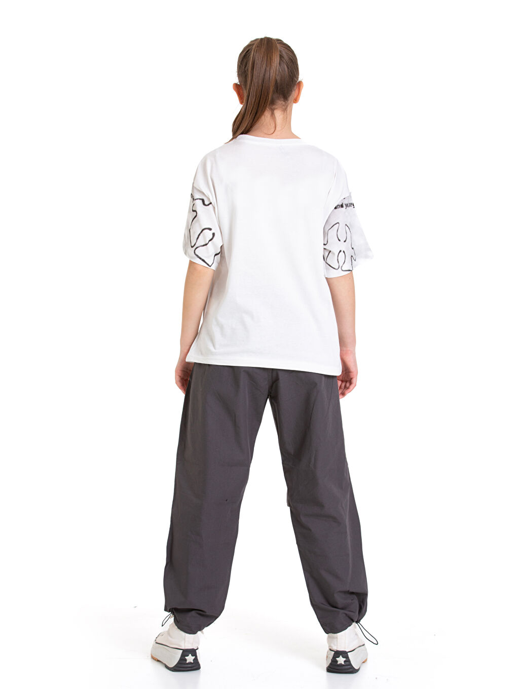 Gri Kız Çocuk 2'li Alt-Üst Takım (Paraşüt Pantolon+T-Shirt) P091-4