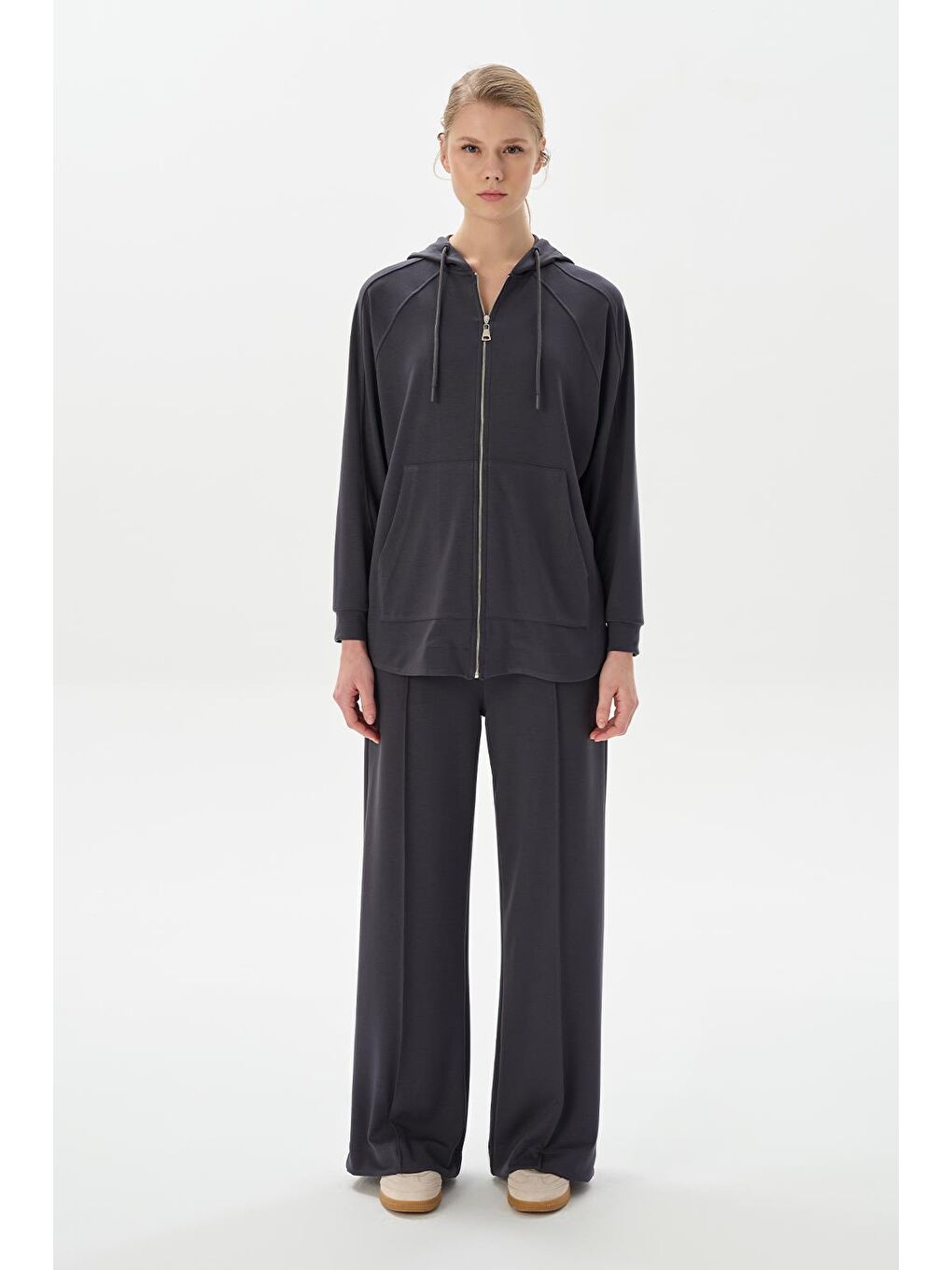 Gri Modal Örme Kapüşonlu Oversize Hırka Füme-2