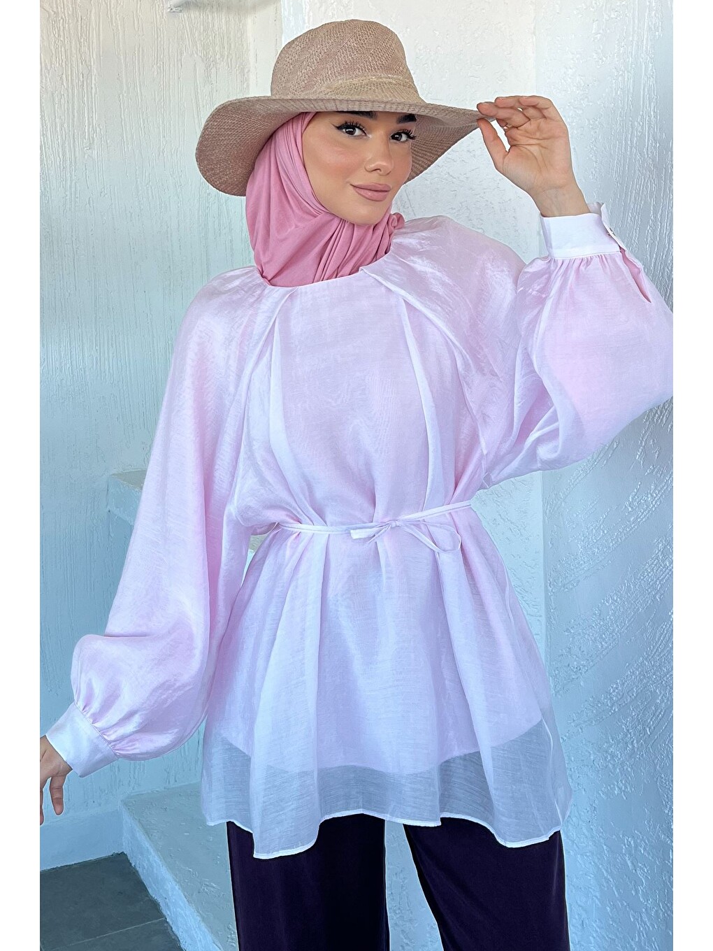 Pembe İç Astarlı Salaş Tesettür Bluz-1
