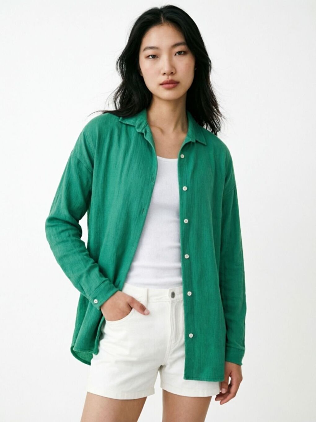 Yeşil Rahat Kalıp Yazlık Tril Uzun Gömlek