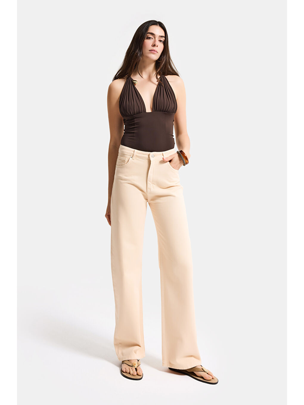 Bej Kadın Raw Doris 6s6-57 Straight Fit Yüksek Bel Denim Jean-1