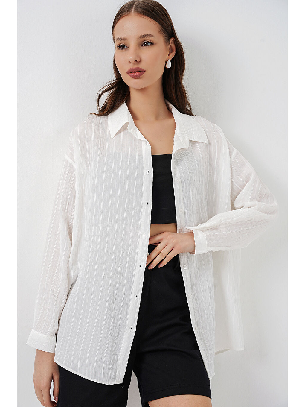 Kadın Çizgili Oversize Gömlek 20293 - Beyaz-2