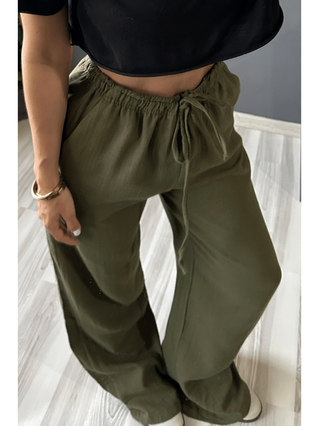 Haki Bol Paça Müslin Kadın Pantolon-1