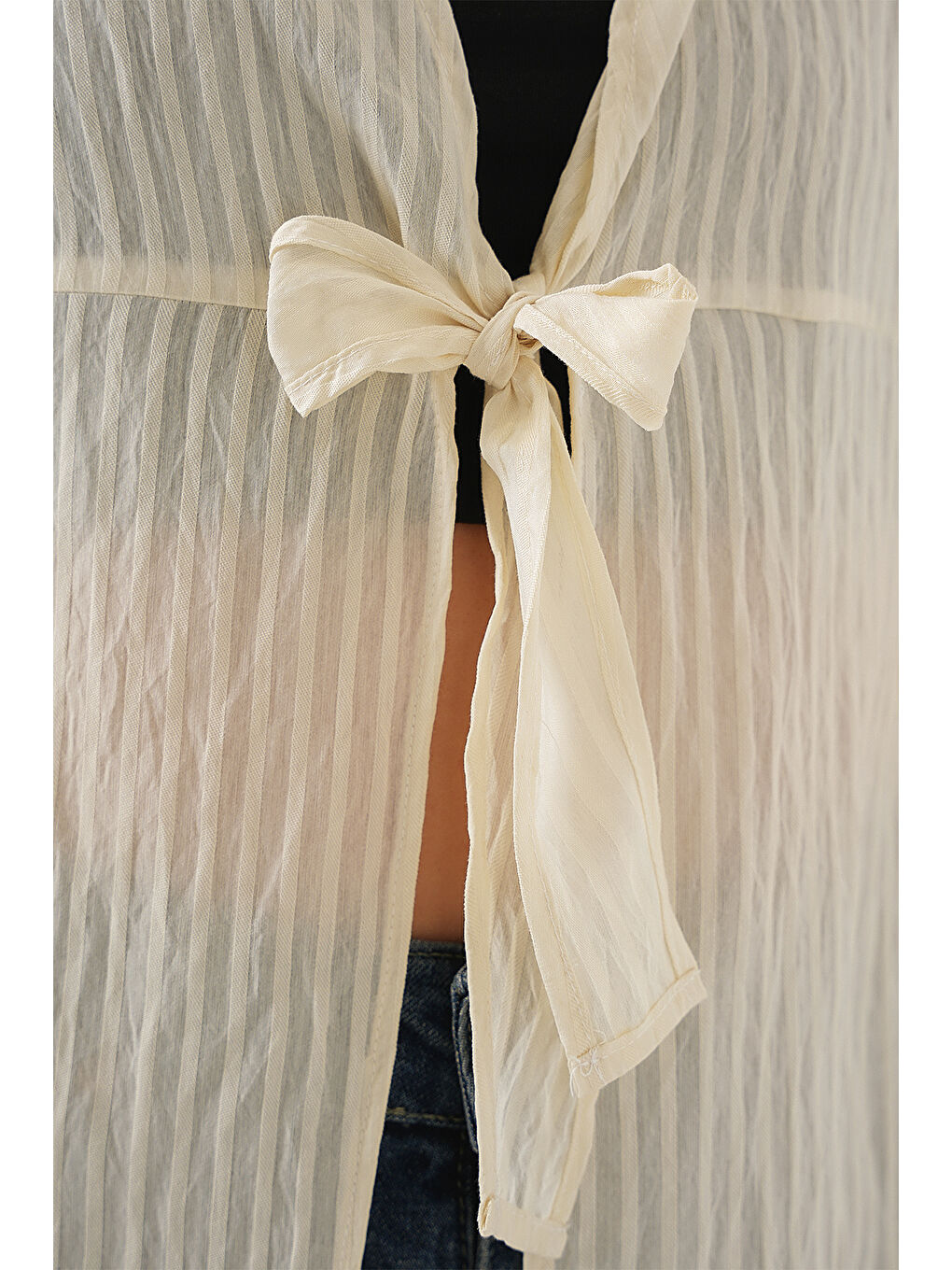 Ekru Kadın Önü Bağcıklı Bluz 952 - Krem-4