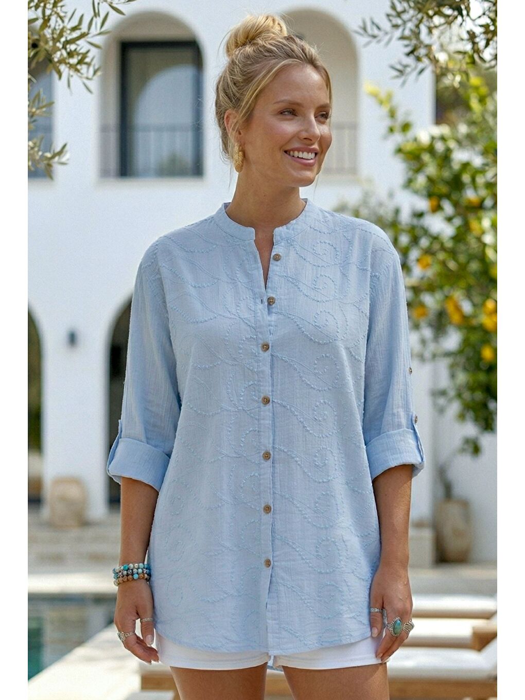 Açık Mavi Hakim Yaka Düğmeli Uzun Kollu Düğmeli Casual Müslin Dokuma Gömlek 75 63-1