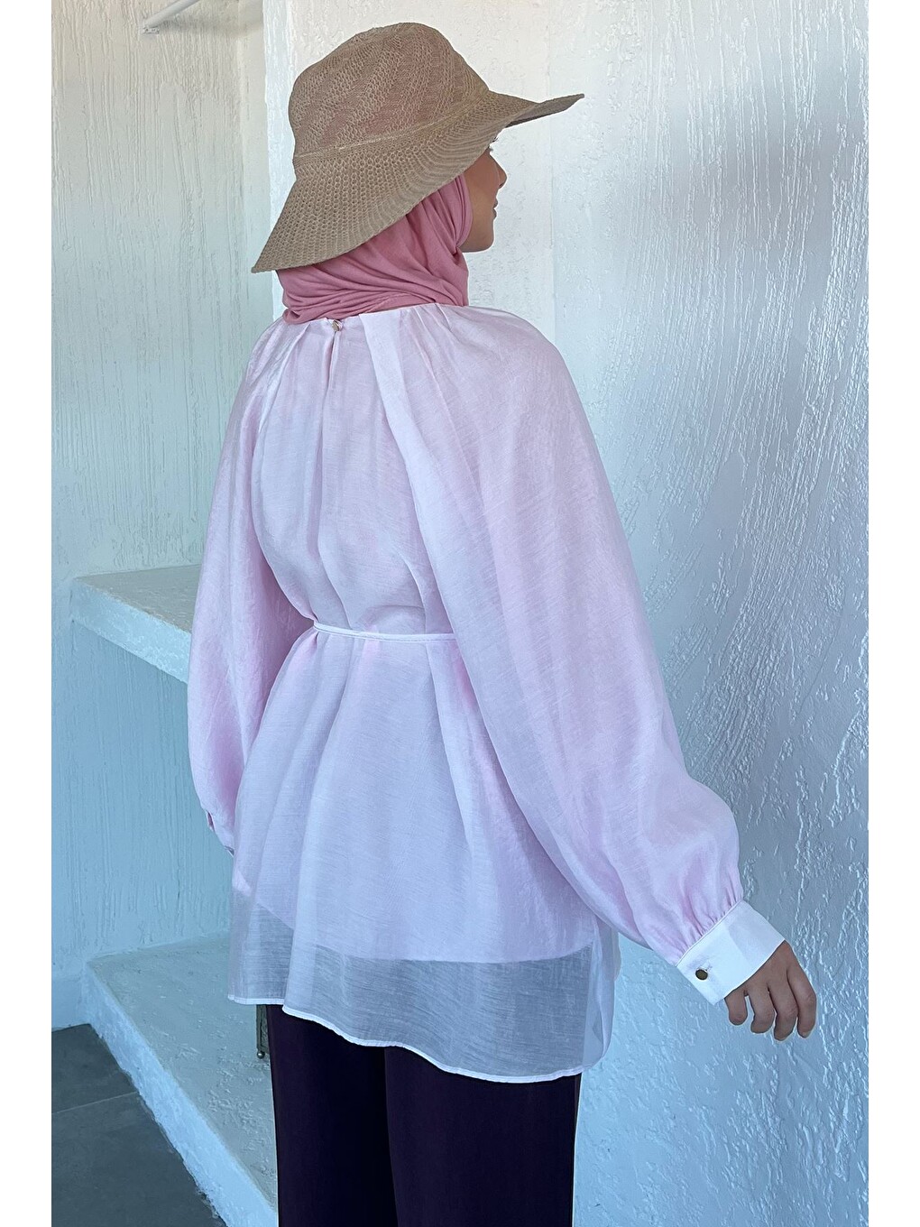 Pembe İç Astarlı Salaş Tesettür Bluz-3
