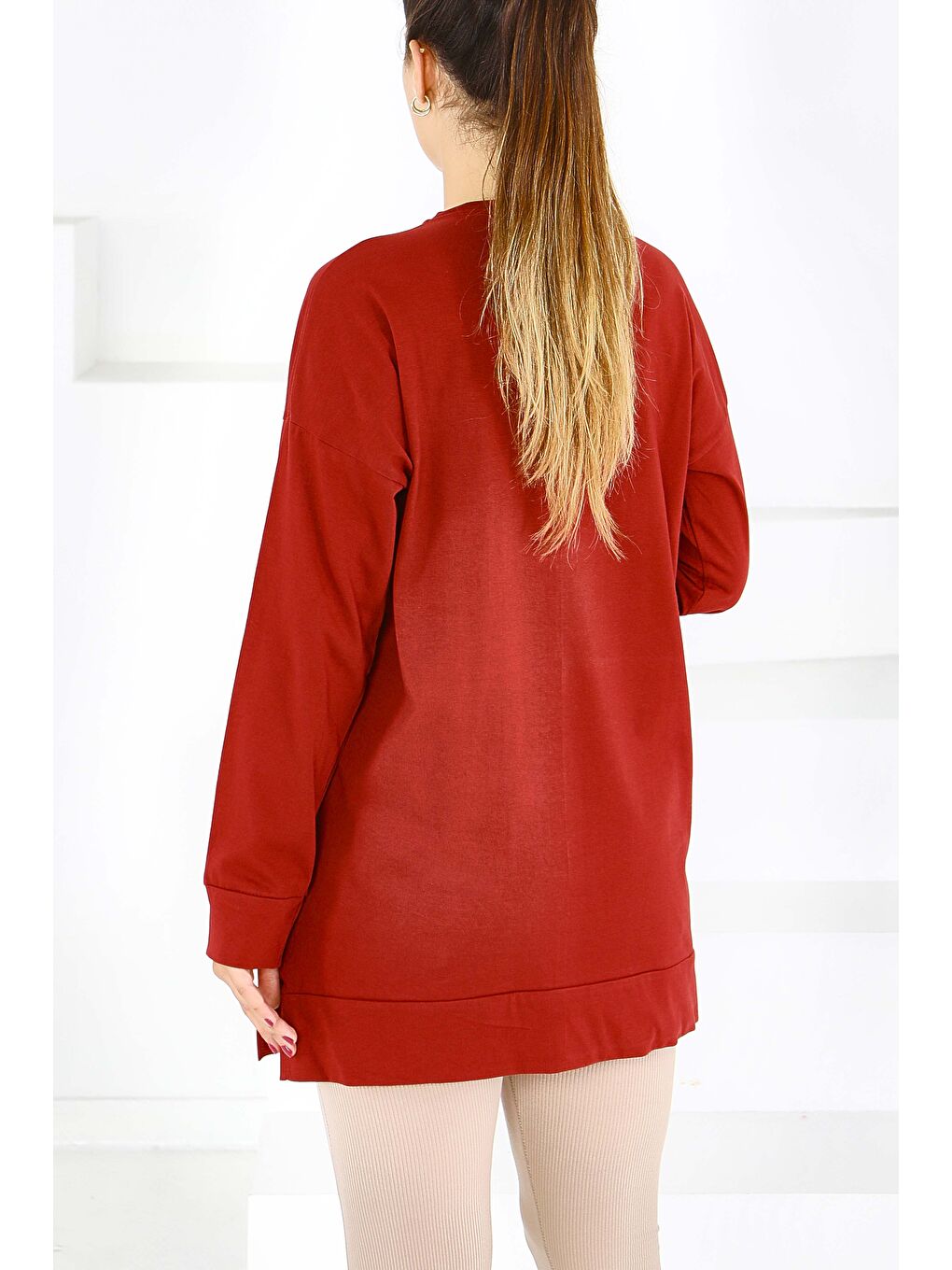 Uzun Kollu Baskılı Süprem Tunik Bordo - 27589-3