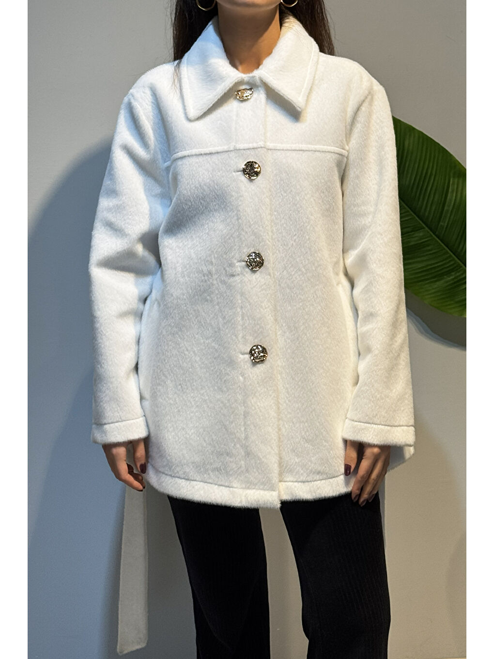 Düğme ve Kuşak Detay Ceket 36199 Ekru-3